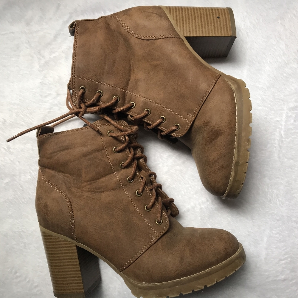 brown booties with wear and tear
